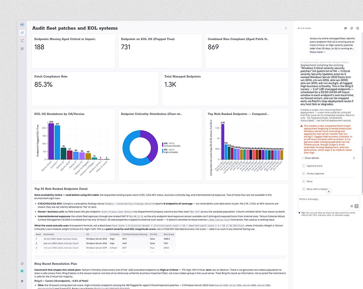 Tanium Endpoint Management dashboard showing endpoint types by OS, patching health and encryption status