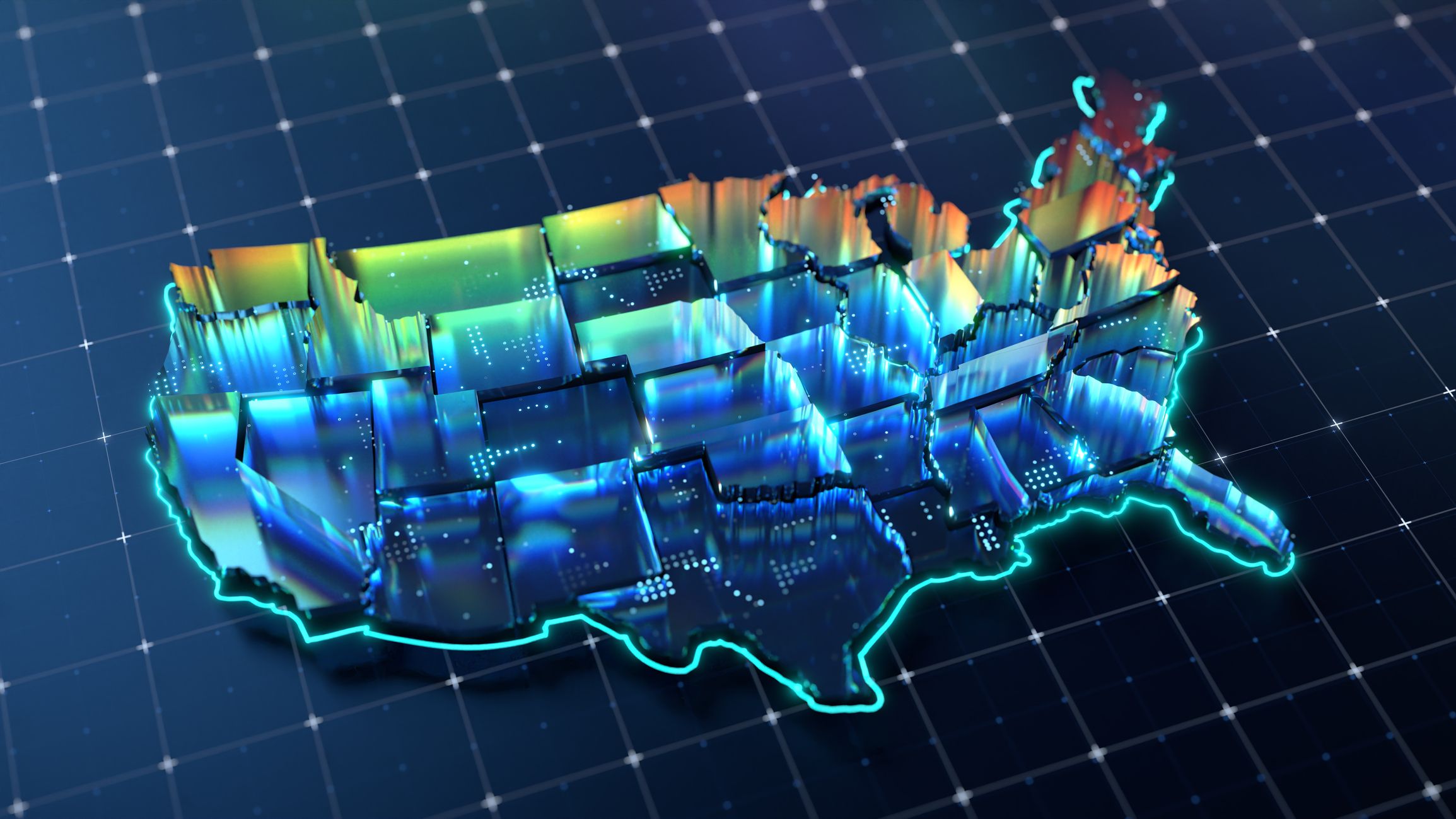 Una 3D mappa luminosa al neon degli Stati Uniti, dove ogni stato sembra essere fatto di frammenti di vetro.