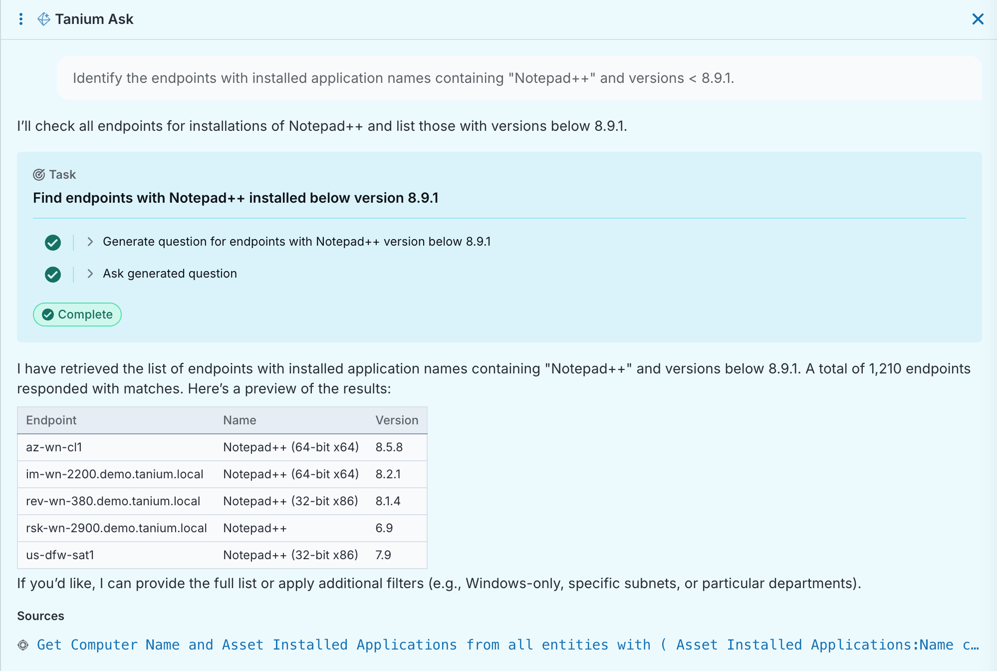 Screenshot della domanda " Tanium " che mostra gli endpoint con Notepad++