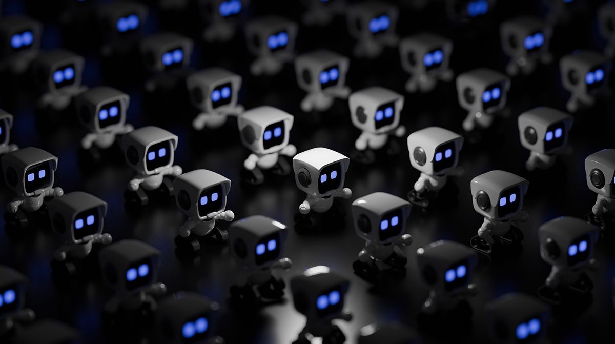 File di simpatici piccoli robot in una luce fioca.