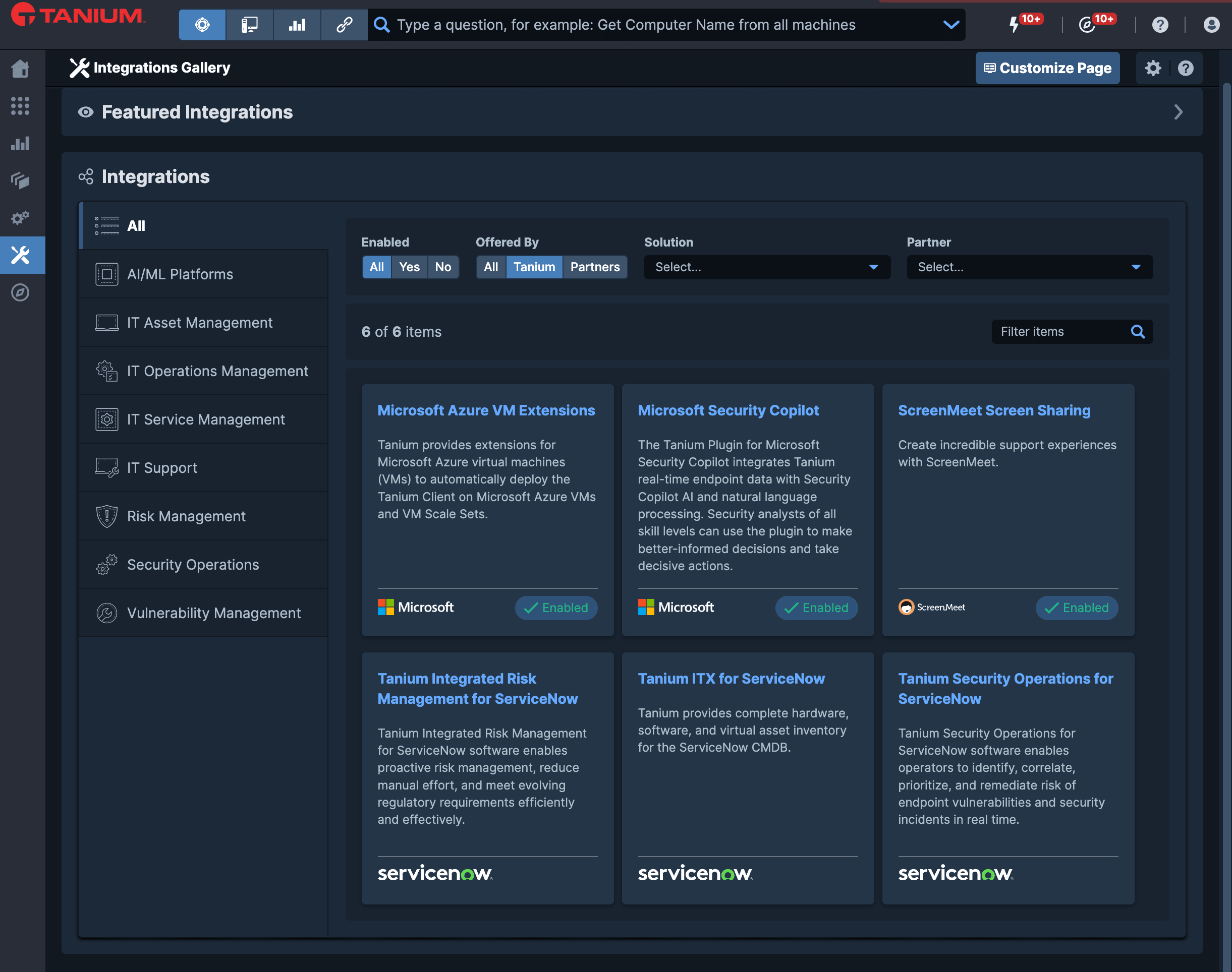 Screenshot of Tanium Integrations Gallery