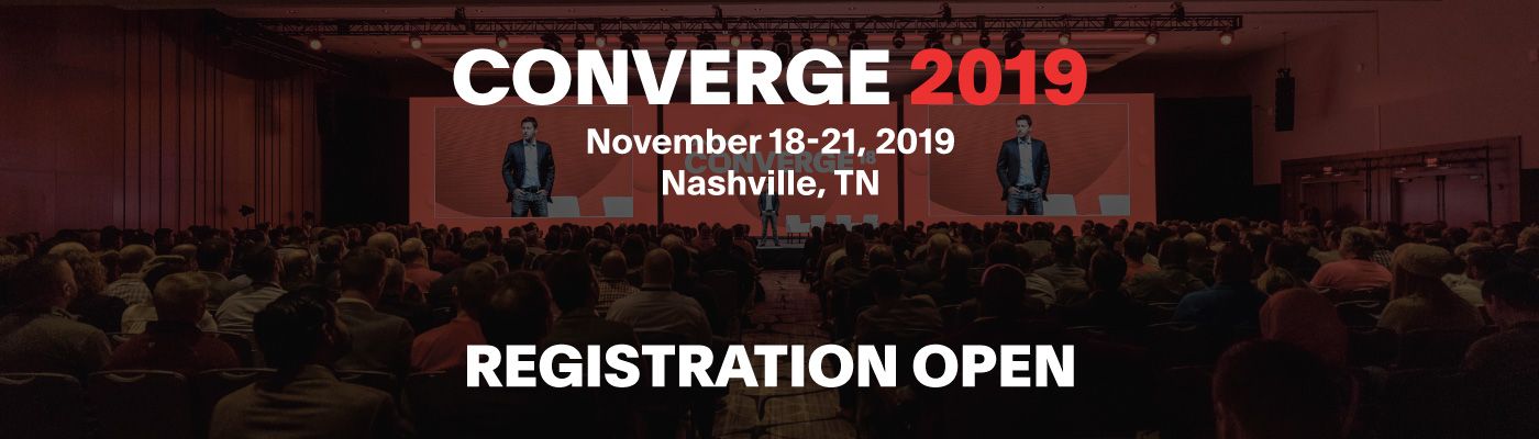 Banner promozionale di CONVERGE 2019 con le date della conferenza a Nashville