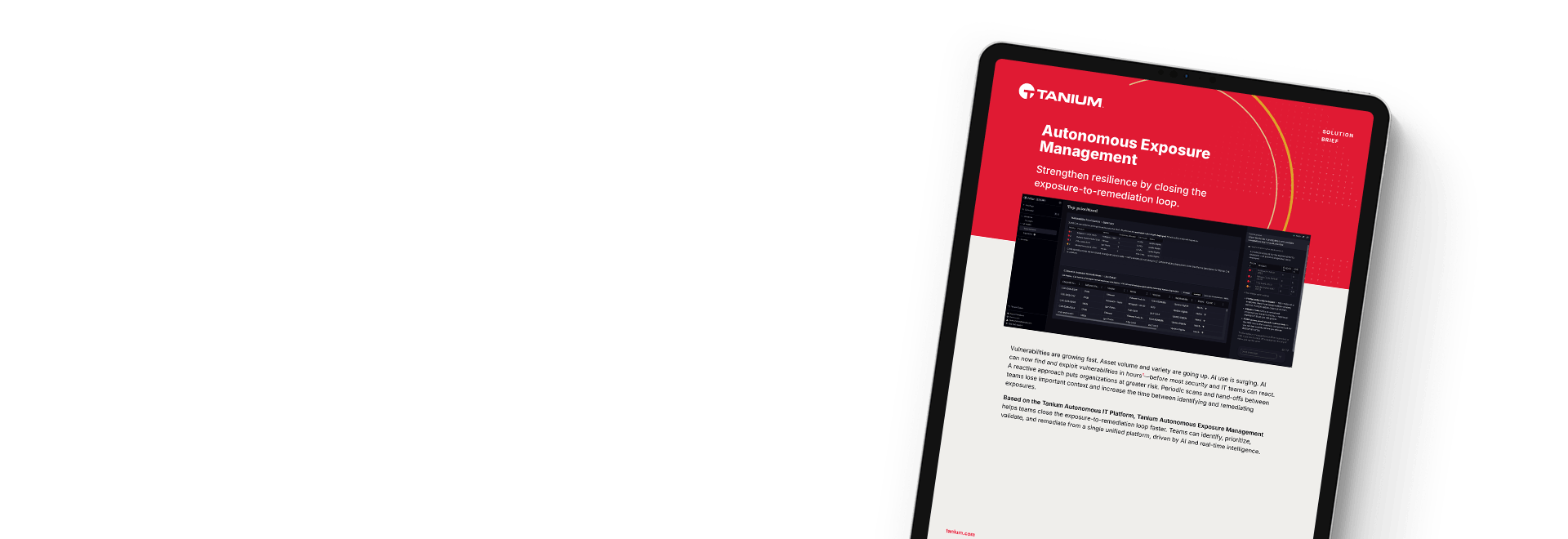 Mockup tablet del solution brief "Autonomous Exposure Management" con branding rosso