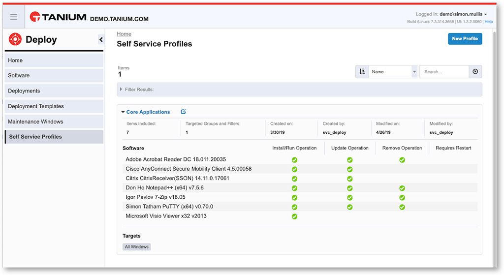 Schermata dei profili Self Service di Tanium Deploy che mostra le applicazioni principali e le operazioni di implementazione per la distribuzione del software