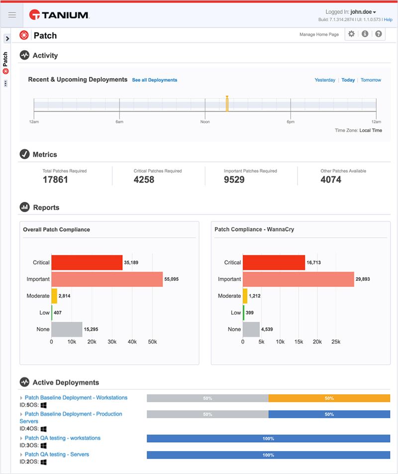 Schermata della pagina “Attività” di Tanium Patch che mostra la cronologia delle distribuzioni recenti, le metriche relative alle patch necessarie e i rapporti sulle distribuzioni