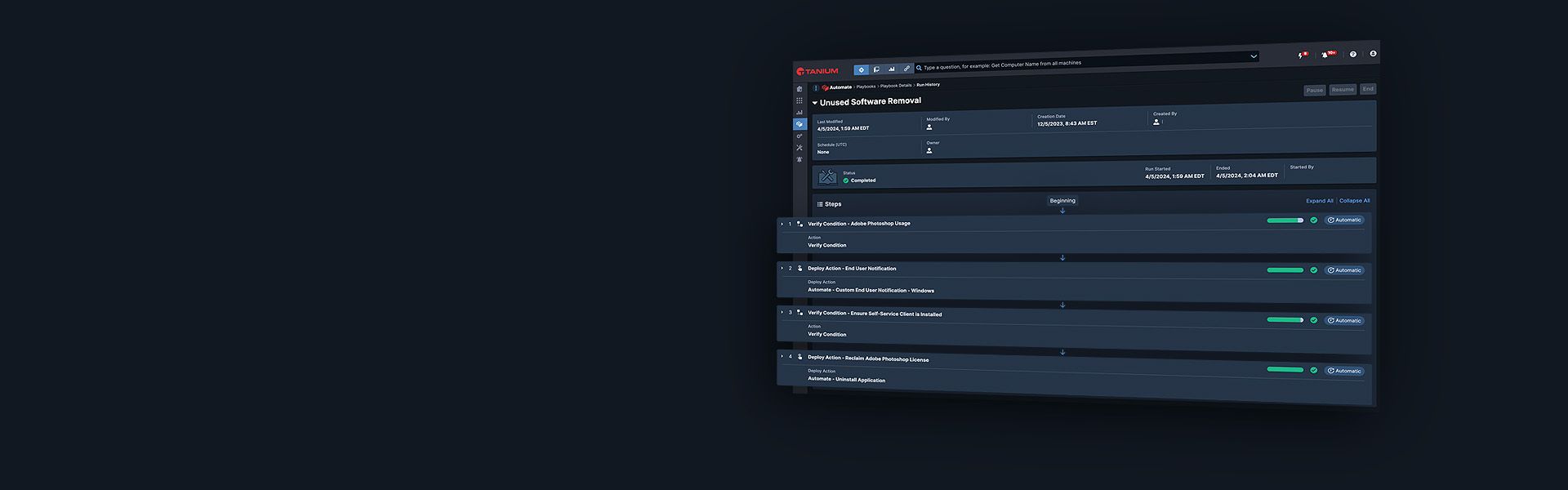 Tanium Automate hero dashboard mockup with playbook execution visualization
